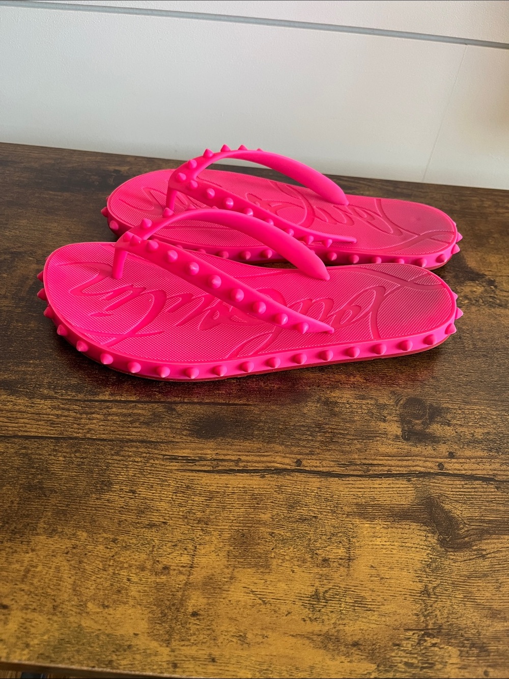 Christian Louboutin Neon Pink and Red Studded Flip Flops Size 38 - Picture 5 of 14